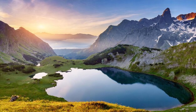 Il lago di montagna scintillava di una radianza mozzafiato all'alba