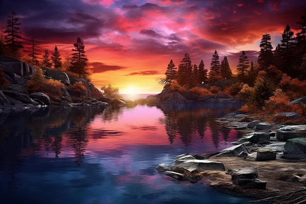 Mountain lake sunrise landscape peaceful fantasy wallpaper