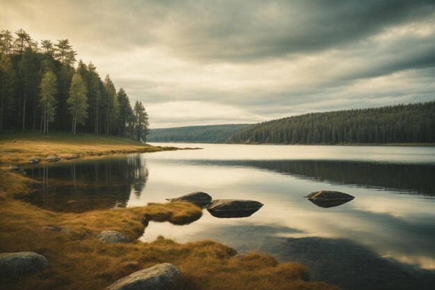 Mountain lake at sunset Dramatic overcast sky Beauty world