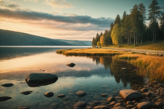 Mountain lake at sunset Dramatic overcast sky Beauty world