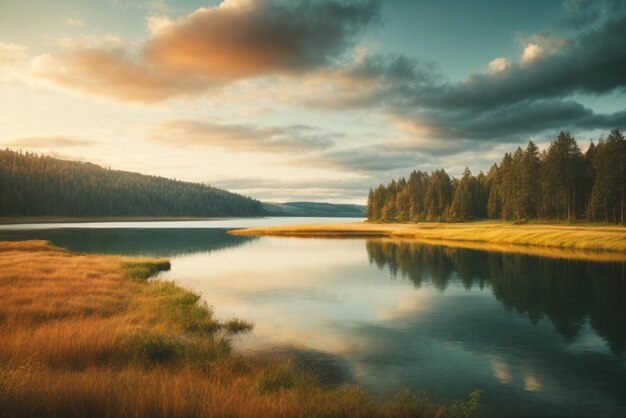 Mountain lake at sunset Dramatic overcast sky Beauty world