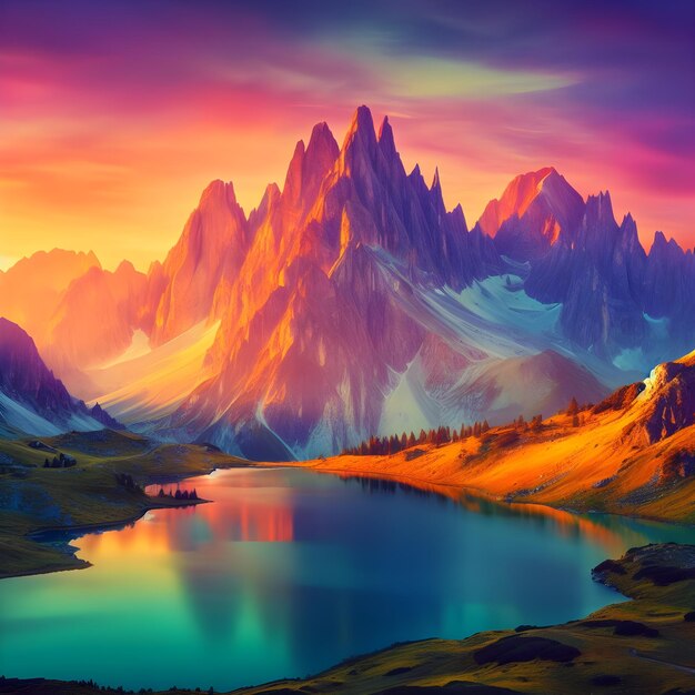 山の湖の夕日