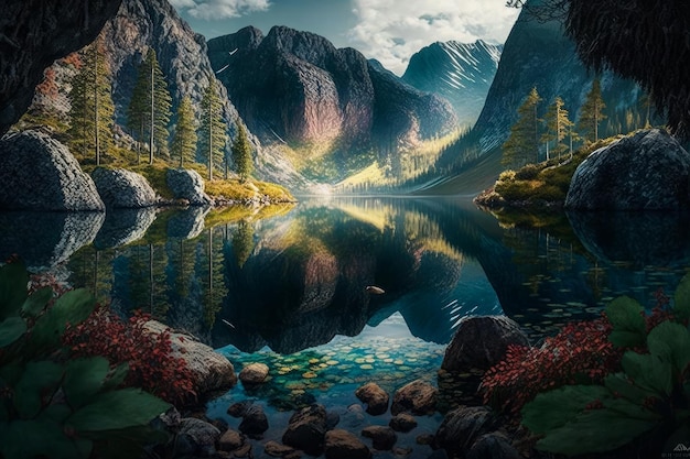 Mountain lake surrounded by rocks and trees Generative AI