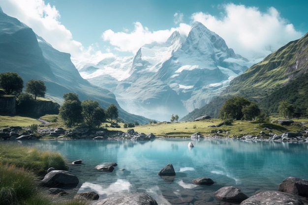 A mountain lake with a blue lake and a mountain in the background