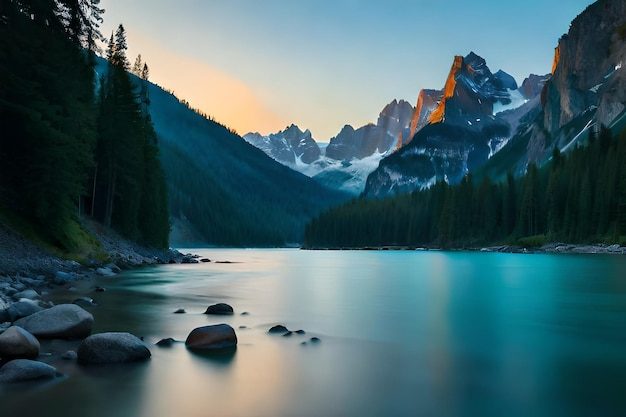 A mountain lake with a blue lake and mountains in the background