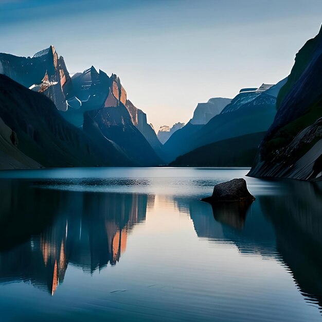 A mountain lake with a blue sky and clouds reflected in the still water of a lake