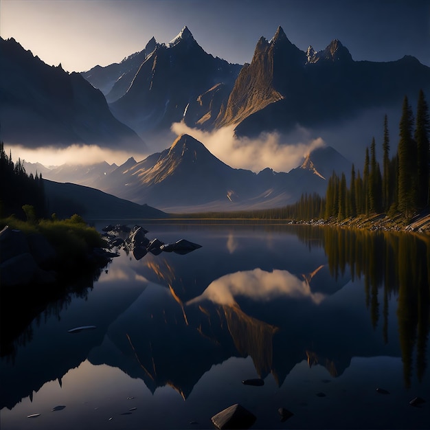 A mountain lake with a blue sky and clouds reflected in the still water of a lake