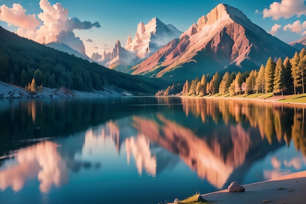 Photo a mountain lake with a blue sky and clouds