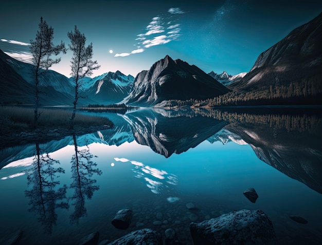 A mountain lake with a blue sky and a few trees in the foreground.