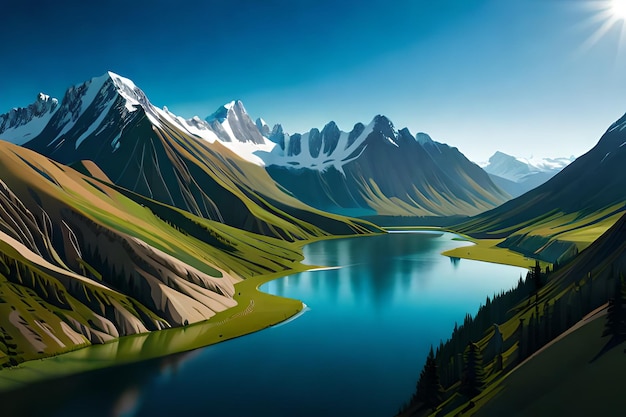 A mountain lake with a blue sky and green mountains