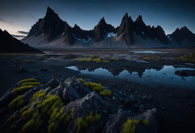 A mountain lake with a blue sky and the word mountains on it