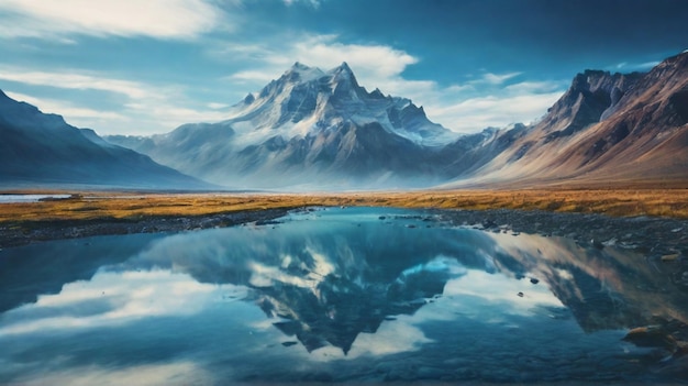 Photo mountain lake with clear water reflection and range snow green grass ai generated background