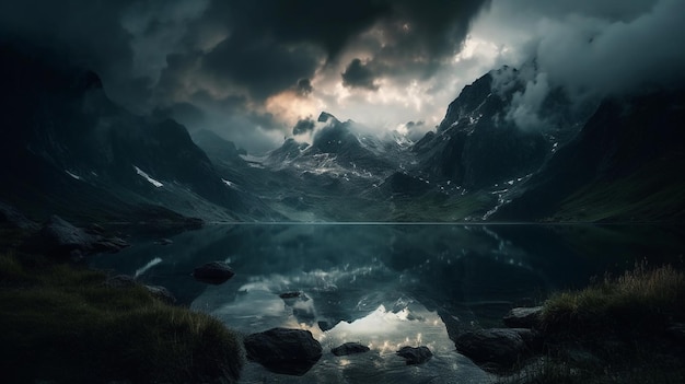 A mountain lake with a cloudy sky and clouds