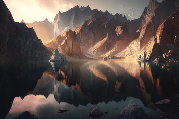 A mountain lake with a cloudy sky and a mountain in the background.