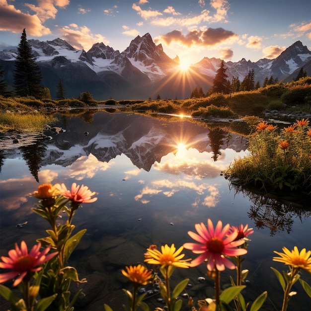 a mountain lake with flowers and mountains in the background