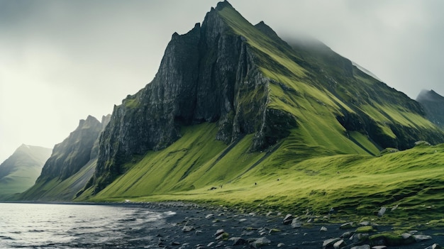 A mountain lake with a green mountain in the background