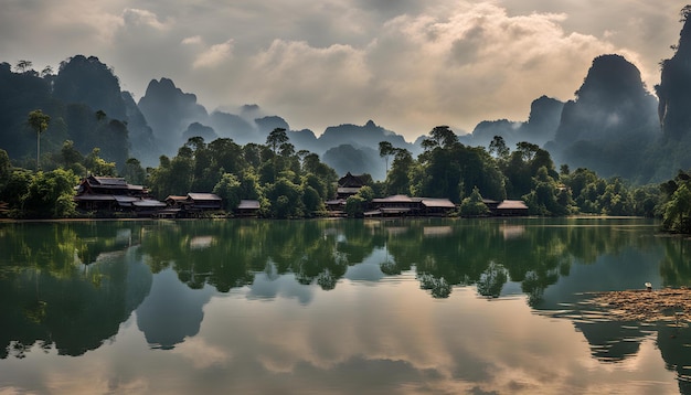 Photo a mountain lake with houses on the water