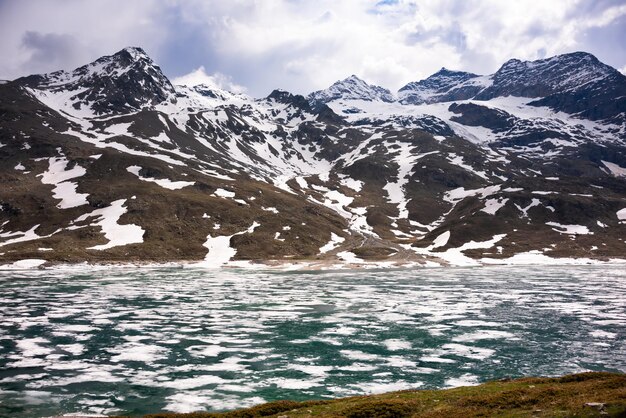 Mountain lake with ice in Switzerland in spring