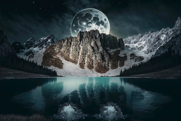 A mountain lake with a moon in the sky