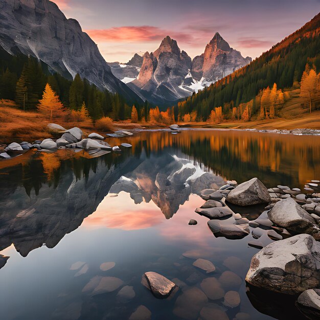 a mountain lake with a mountain in the background and a lake in the foreground