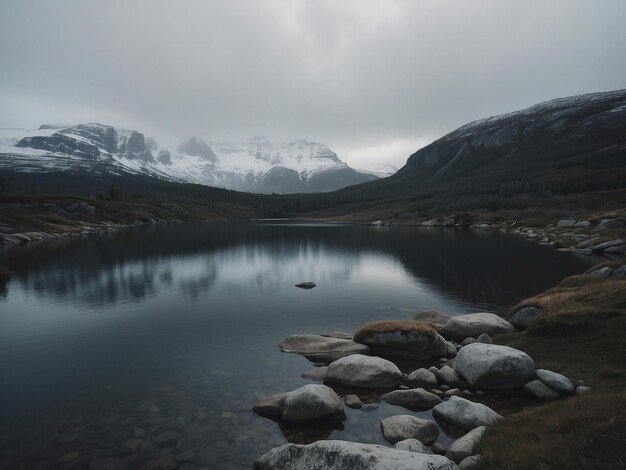 a mountain lake with a mountain in the background and a small rock in the foreground