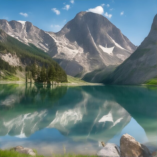 山を背景にした山の湖