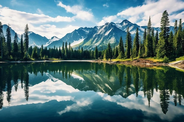 背景に山がある山の湖