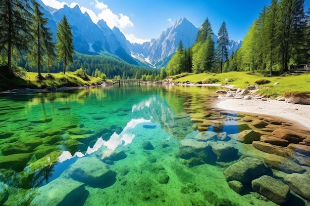 Photo a mountain lake with a mountain in the background