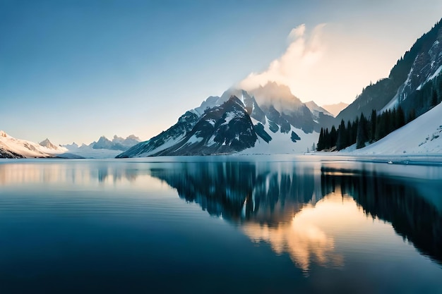 A mountain lake with a mountain in the background