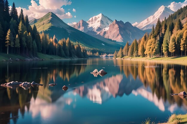 Foto un lago di montagna con una montagna sullo sfondo