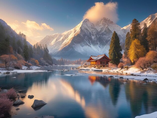 A mountain lake with a mountain landscape and a colorful sky with snow and house New View