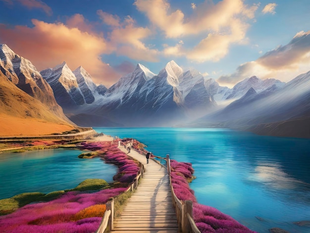 A mountain lake with a mountain landscape and a colorful sky with snow and house New View