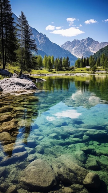 a mountain lake with a mountain view