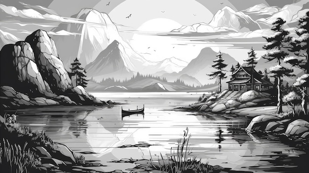 Photo mountain lake with perfect reflection at sunrise beautiful landscape with sky snowy mountains at twilight black and white painting illustration generative ai art