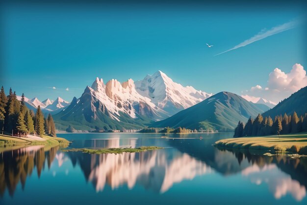 A mountain lake with a plane flying over it