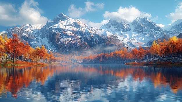 Photo a mountain lake with a red and orange trees in the background