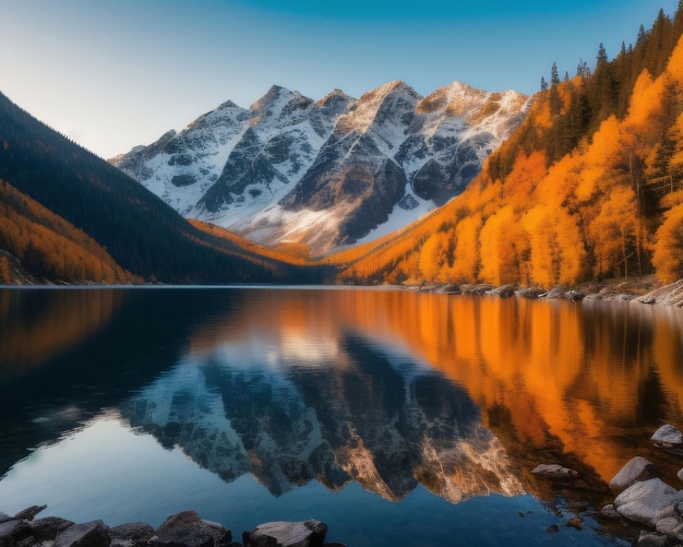 A mountain lake with a reflection of snow capped mountains in the background.