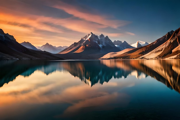 A mountain lake with snow covered mountains in the background