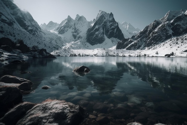 Горное озеро с заснеженными горами на заднем плане