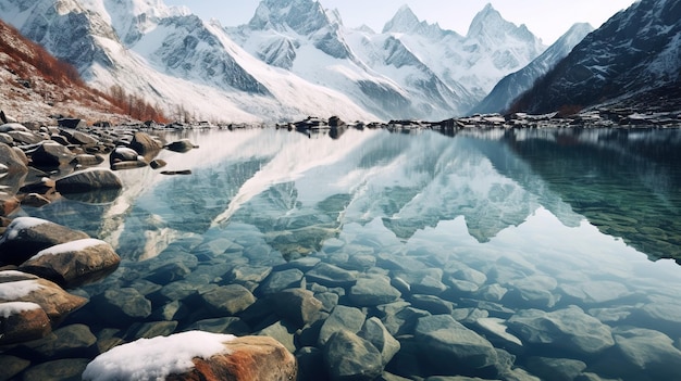 Горное озеро со снегом в горах и названием гималаи.