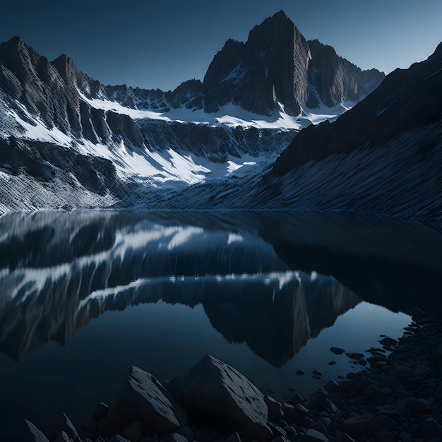 Горное озеро со снегом на скалах и голубым небом