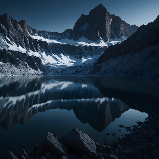 A mountain lake with snow on the rocks and a blue sky