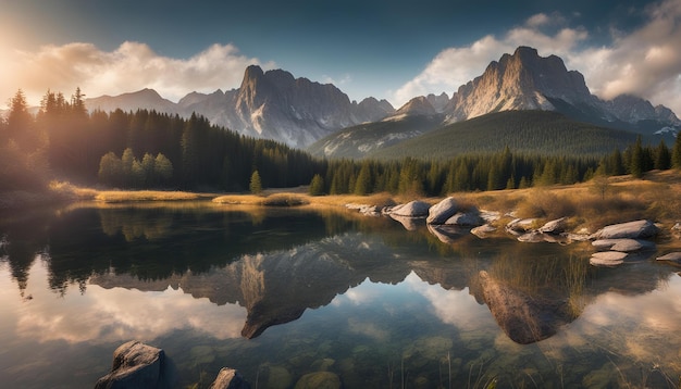 a mountain lake with the sun reflecting on it