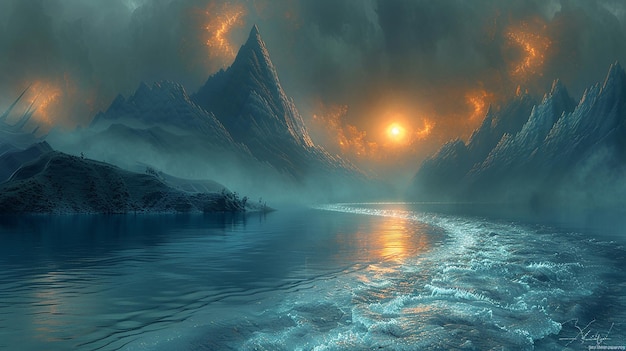 горное озеро с заходящим над ним солнцем