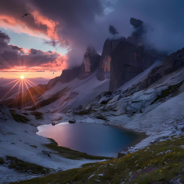 Photo a mountain lake with a sunset in the background