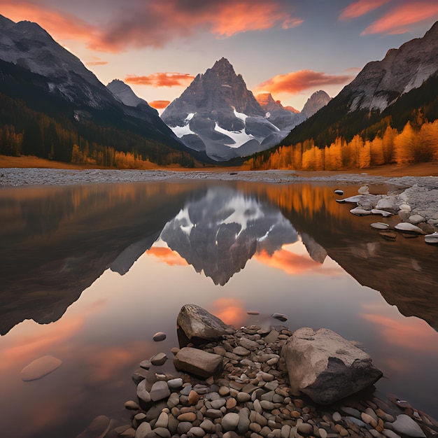 a mountain lake with a sunset in the background