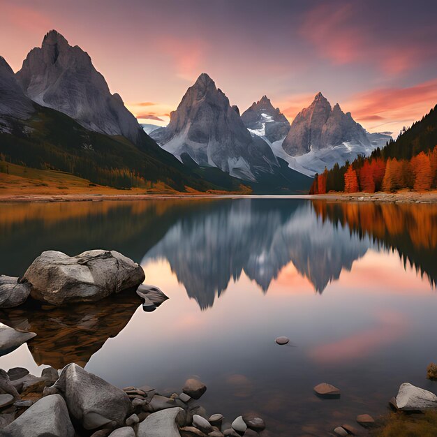 a mountain lake with a sunset in the background