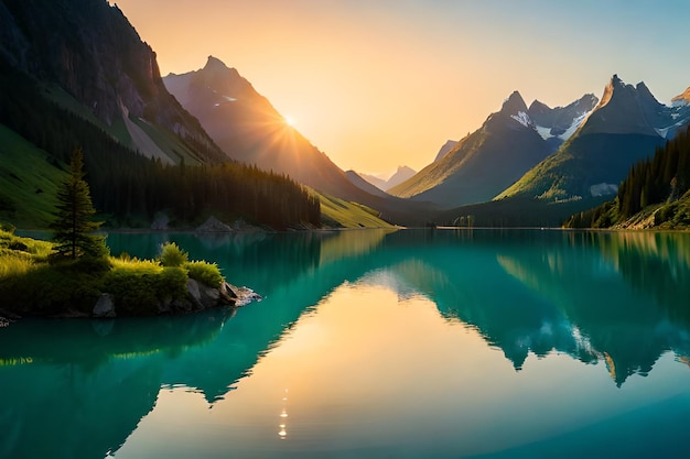 A mountain lake with a sunset in the background