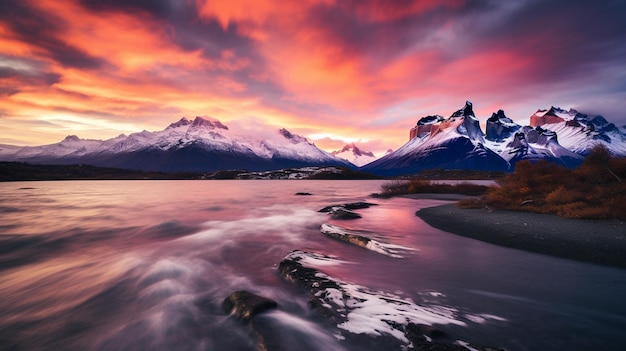 A mountain lake with a sunset in the background