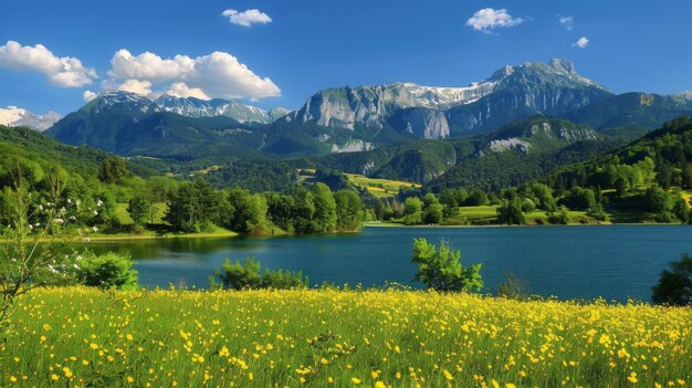 Mountain Lake With Yellow Flowers